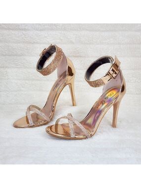 Fairy Gold High Heel Stiletto Shoes Rhinestone Toe & Ankle Straps Rose Gold